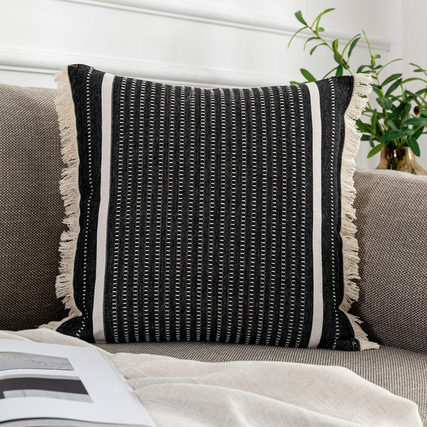 OJIA Modern Throw Pillow Cover with Tassels, Decorative Liana Fringe Accent Cushion Case, Farmhouse Woven Pillowcase for Sofa Chair Couch Bed Decor (Lumbar 12 x 20 Inches, Black)