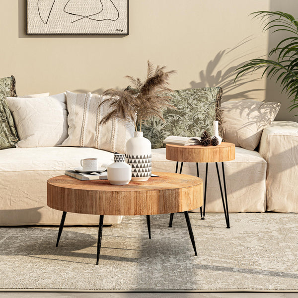 2-Piece Modern Farmhouse Living Room Coffee Table Set, Nesting Table Round Natural Finish with Handcrafted Wood Ring Motif, Wood Colour