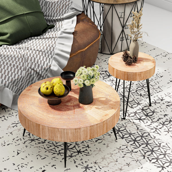 2-Piece Modern Farmhouse Living Room Coffee Table Set, Nesting Table Round Natural Finish with Handcrafted Wood Ring Motif, Wood Colour