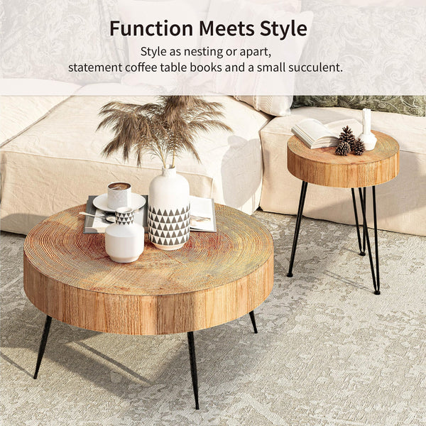 2-Piece Modern Farmhouse Living Room Coffee Table Set, Nesting Table Round Natural Finish with Handcrafted Wood Ring Motif, Wood Colour