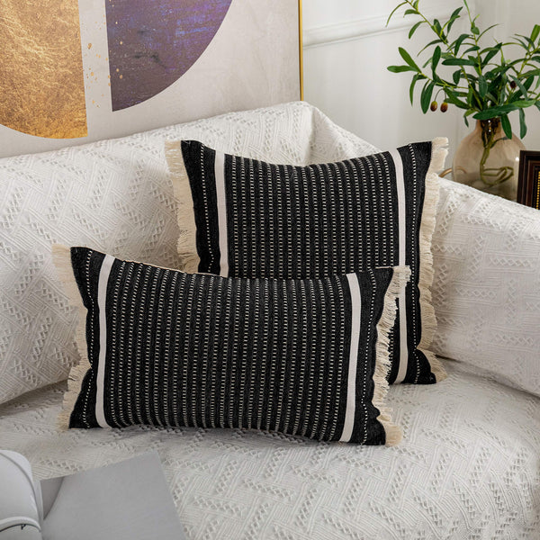 OJIA Modern Throw Pillow Cover with Tassels, Decorative Liana Fringe Accent Cushion Case, Farmhouse Woven Pillowcase for Sofa Chair Couch Bed Decor (Lumbar 12 x 20 Inches, Black)